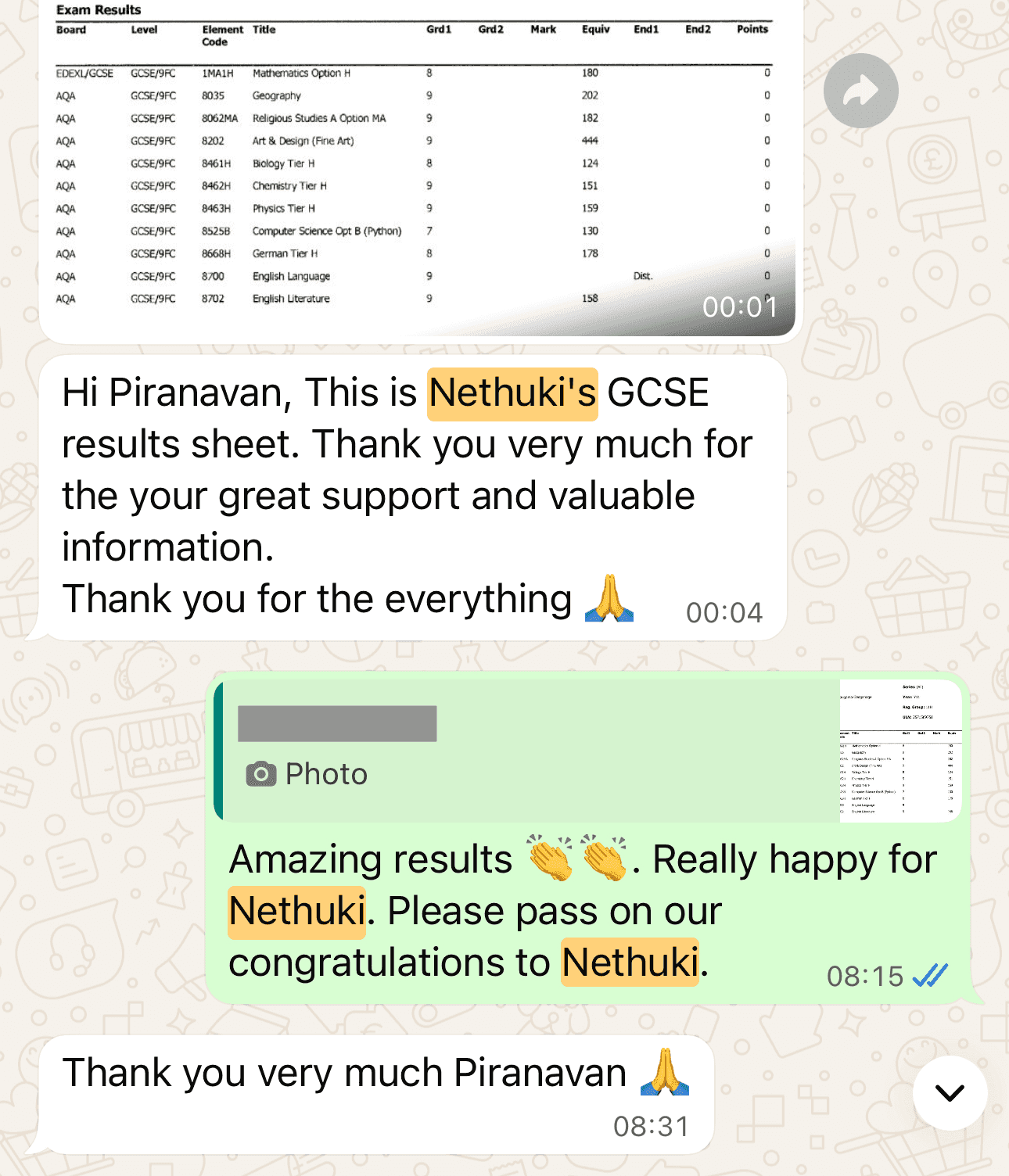 Parent Thank You Message